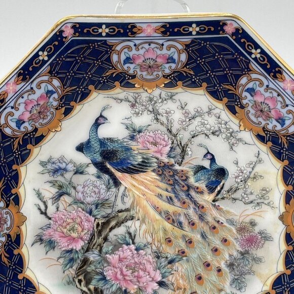 Vintage Set Octagonal Peacock Chinoiserie Transferware Porcelain Plates Japan - Picture 4 of 7